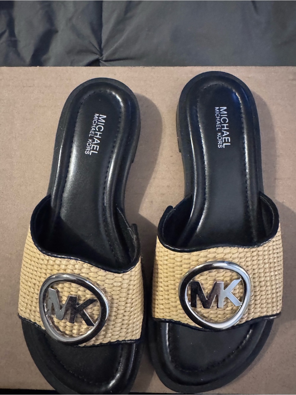 Michael Kors Black Footbed & Natural Woven Logo Slide Sandals